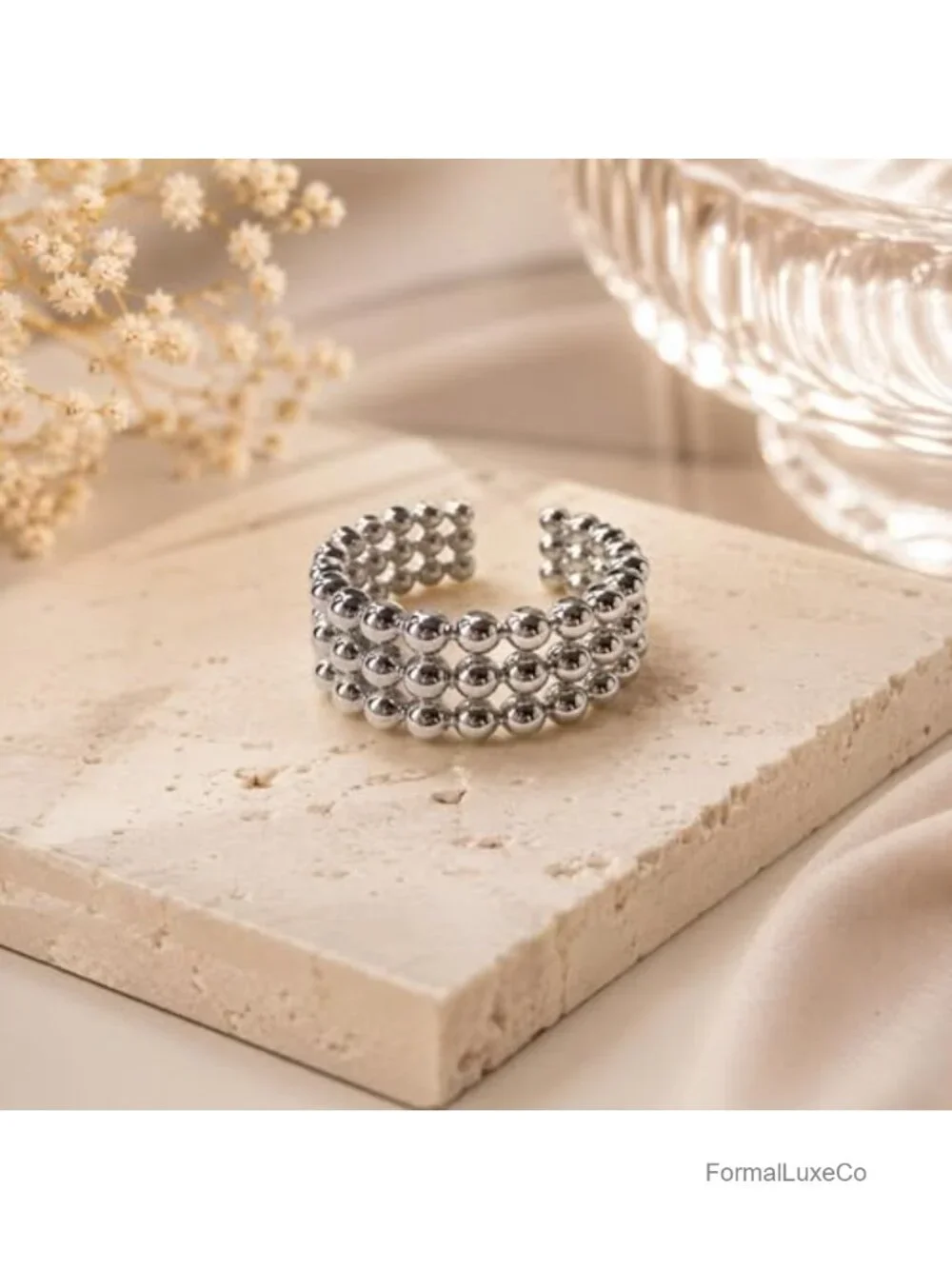 Sterling Silver Open Ring Triple Row Beaded Cluster Modern Adjustable